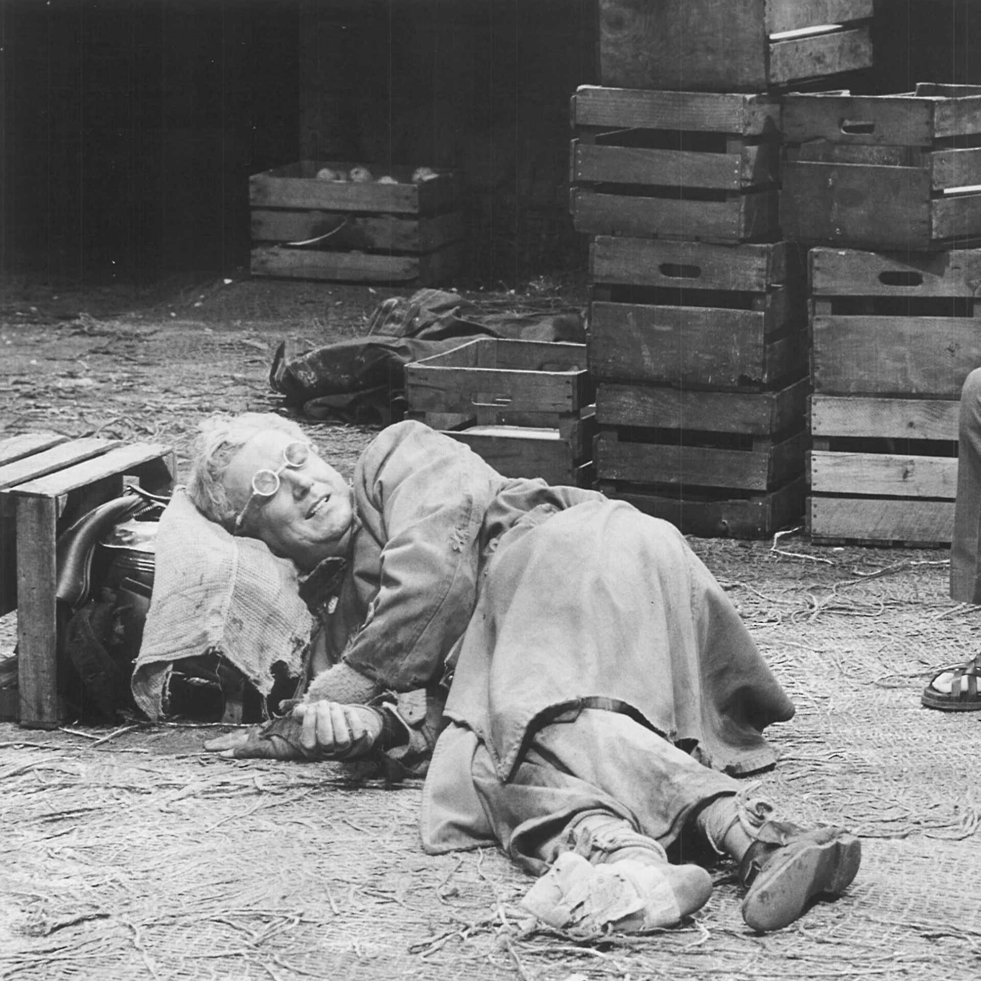 A man is seen wearing a long coat and glasses while laying on the ground