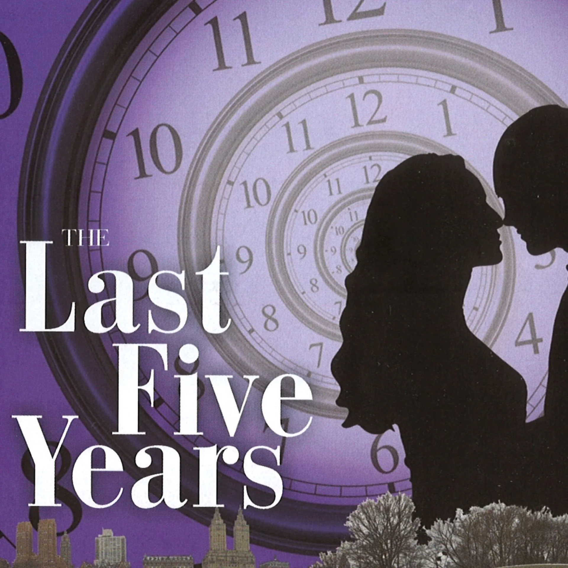 The silhouette of a man and woman against a swirling clock