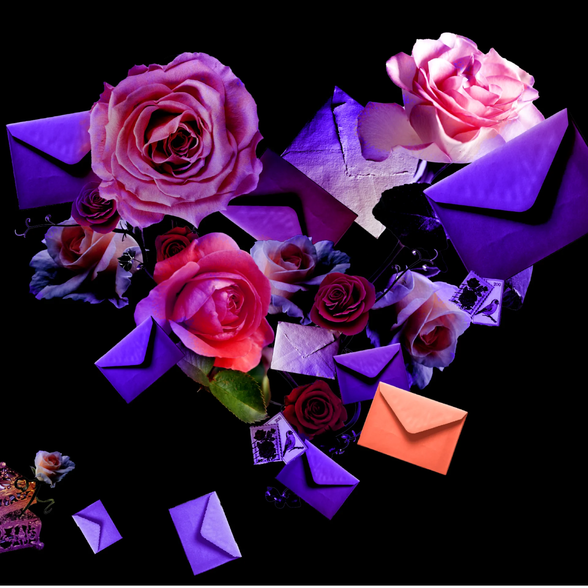 Background image with envelopes, flowers, and a music box in the shape of a heart.